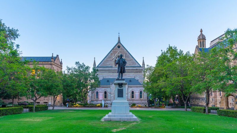 Sunset view of illuminated Elder hall of University of Adelaide, Australia