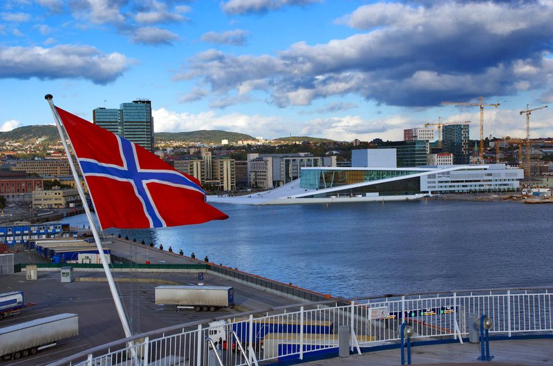 Norway flag waving in Oslo