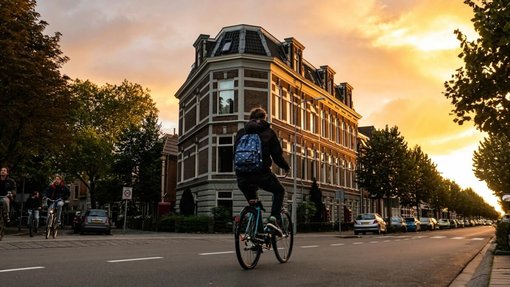 Person biking in Groningen, Netherlands